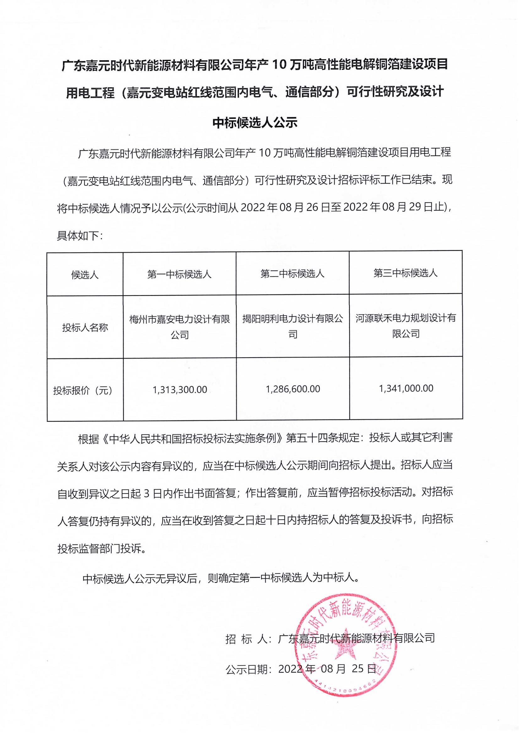 广东太阳成城集团时代新能源材料有限公司年产10万吨高性能电解铜箔建设项目用电工程（太阳成城集团变电站红线范围内电气、通信部分）可行性研究及设计中标候选人公示_00.jpg